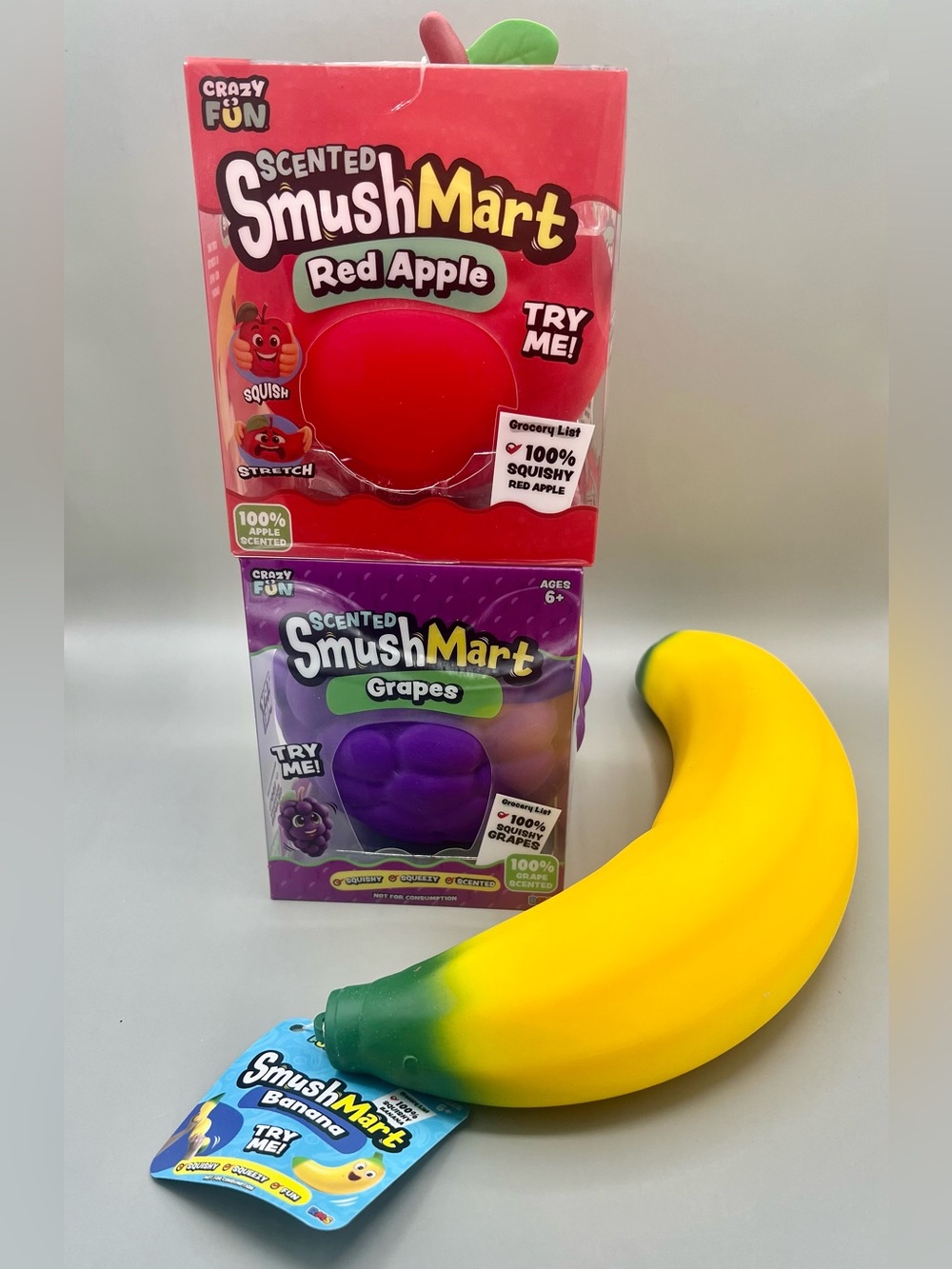 RMS SmushMart 3 Pack Jumbo Viral Squishies ~ Red Apple, Purple Grapes, Banana🍎🍇🍌